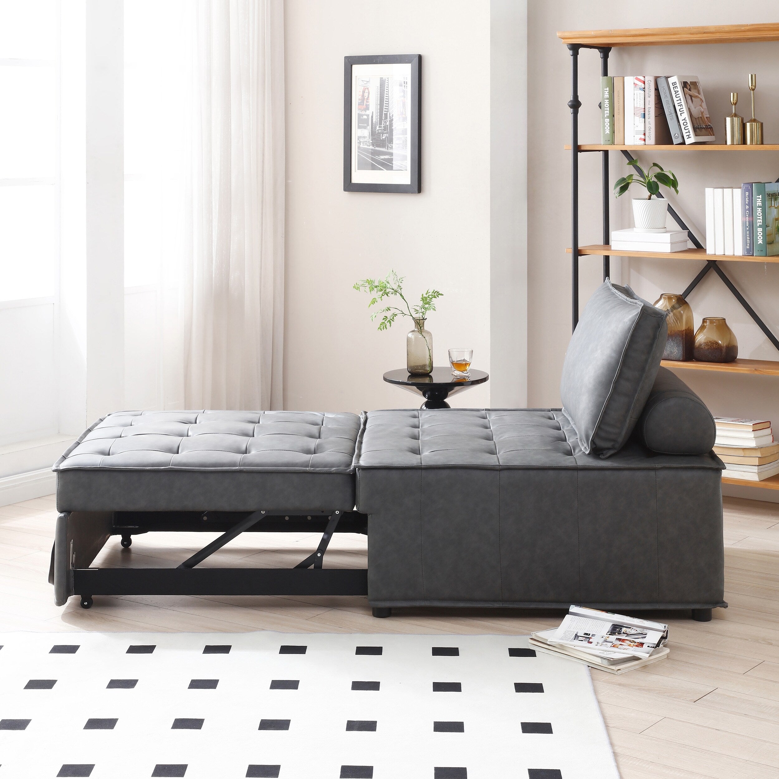 39 Faux Leather Single Multipurpose Ottoman Pull Out Sofa Bed with Adjustable Backrest and Pillow for Living Room