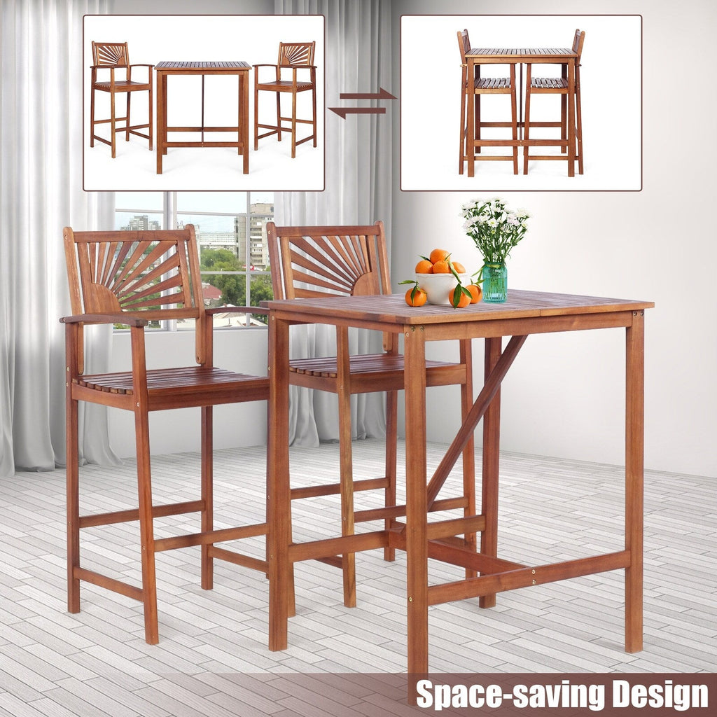 3PCS Bar Table Set Outdoor Acacia Wood Space Saving Dining Set