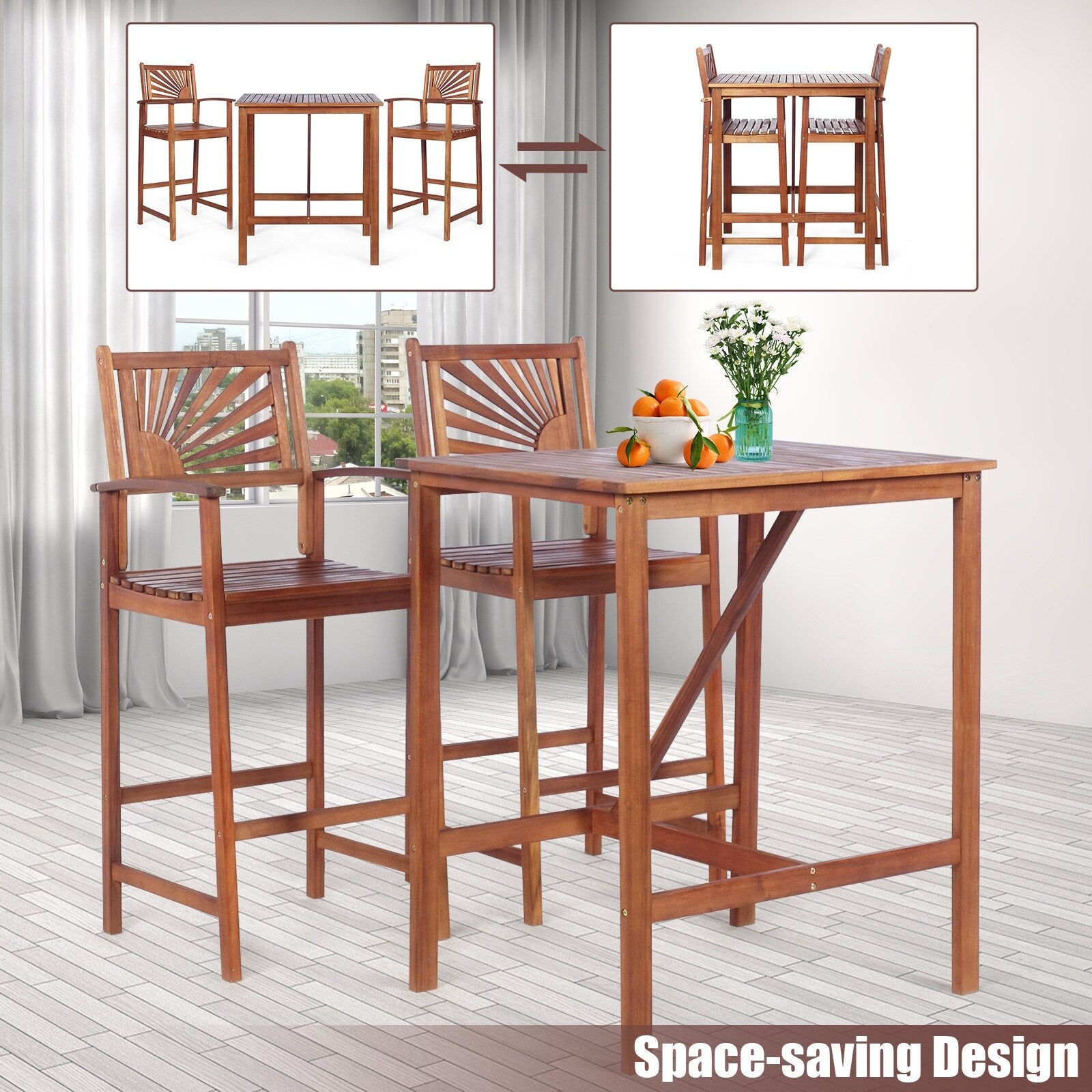 3PCS Bar Table Set Outdoor Acacia Wood Space Saving Dining Set