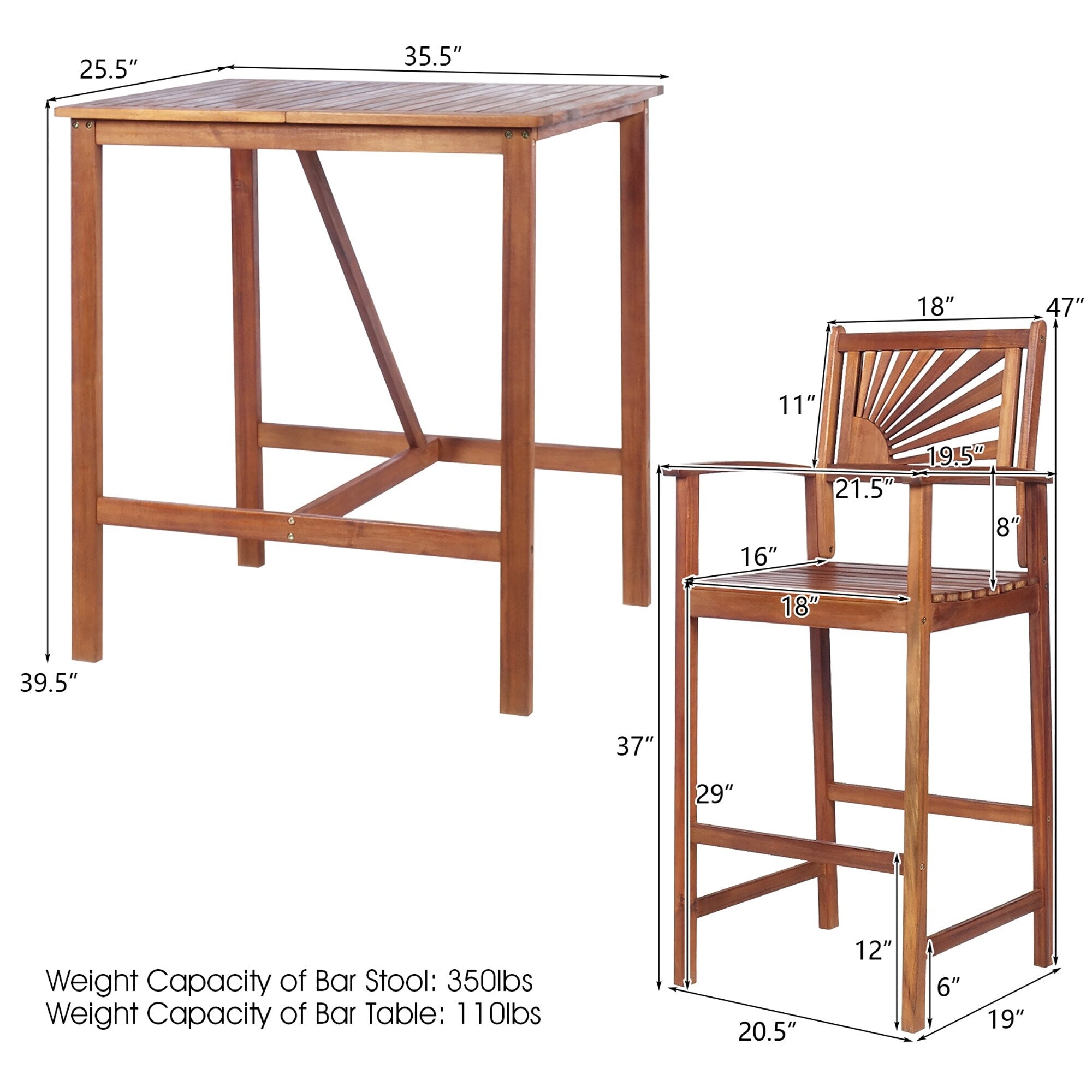 3PCS Bar Table Set Outdoor Acacia Wood Space Saving Dining Set