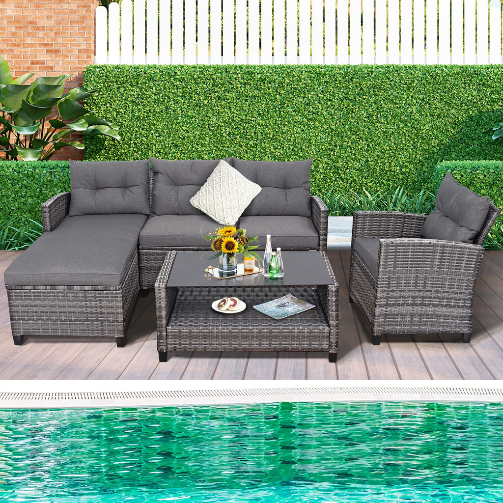 4 PCS Patio Wicker Furniture Set Outdoor Conversation Set with Table