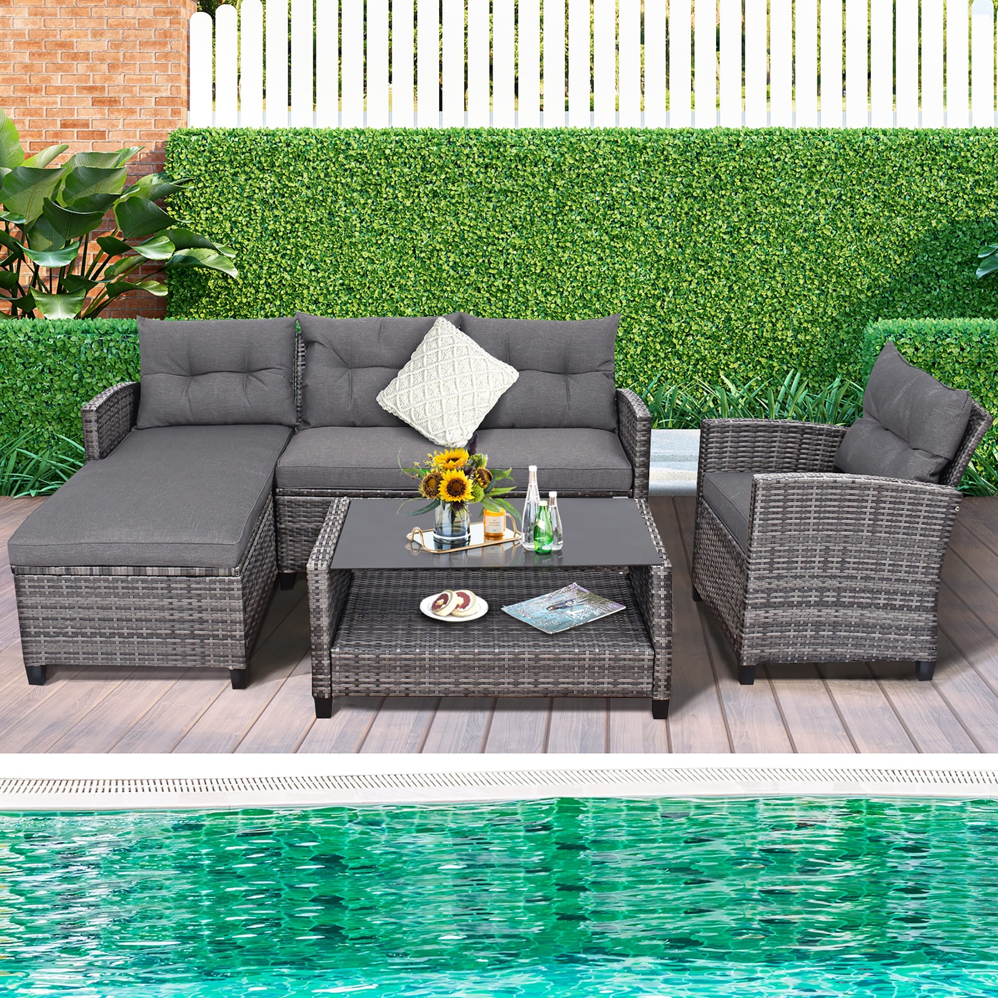 4 PCS Patio Wicker Furniture Set Outdoor Conversation Set with Table