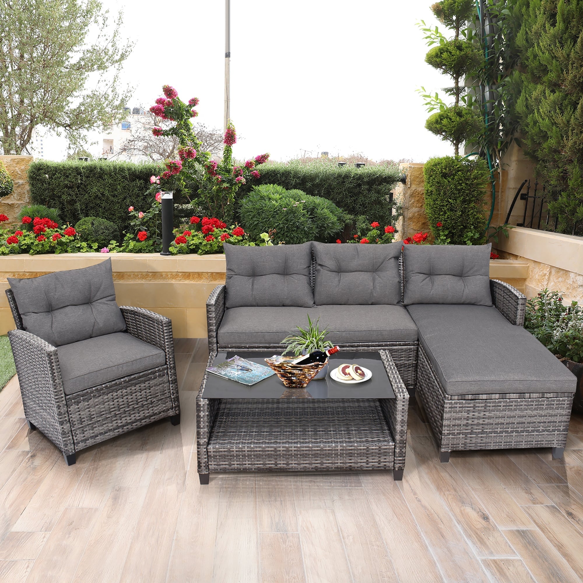 4 PCS Patio Wicker Furniture Set Outdoor Conversation Set with Table