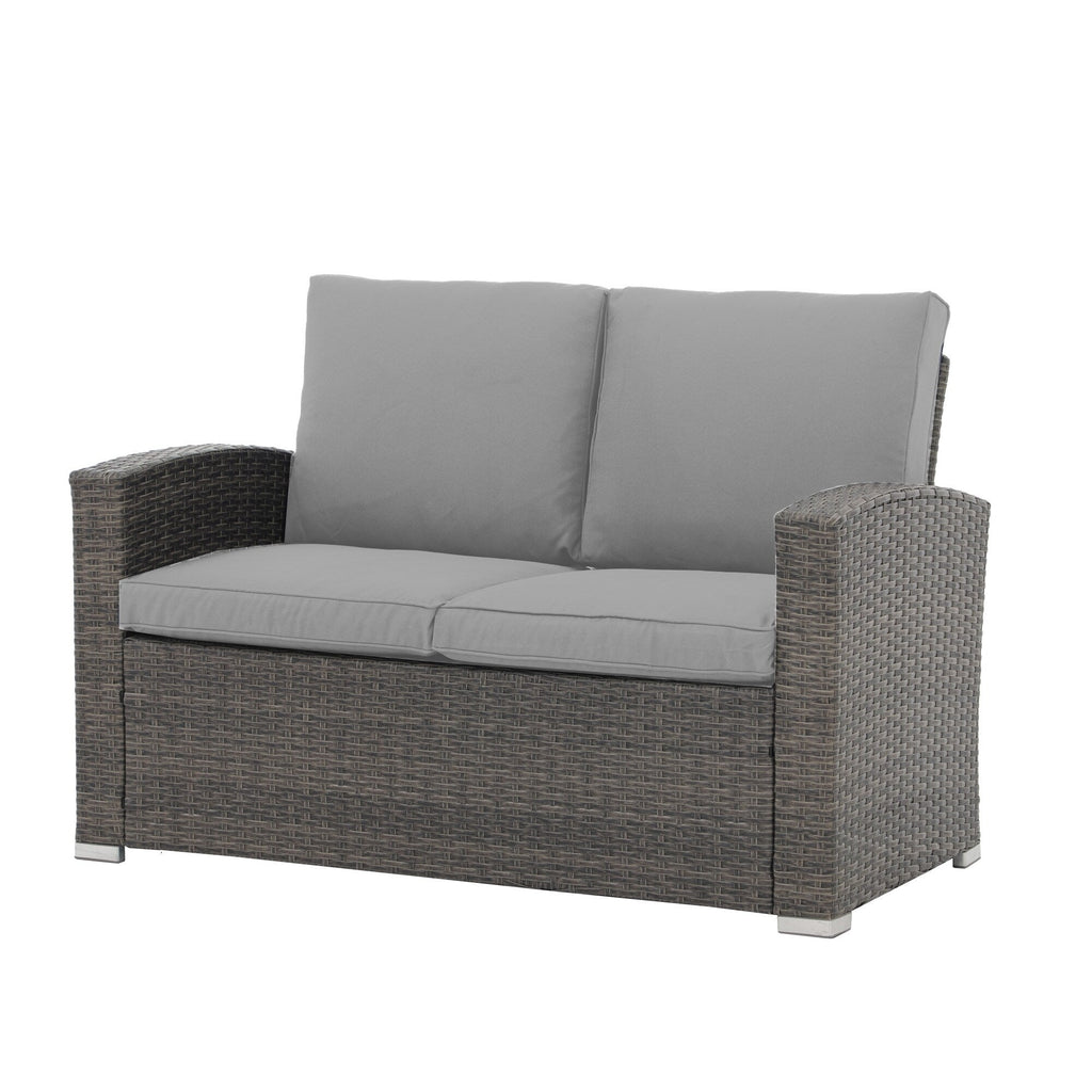 4 Person Patio Rattan Conversation Set with Grey Cushions Outdoor Tempered Glass Table