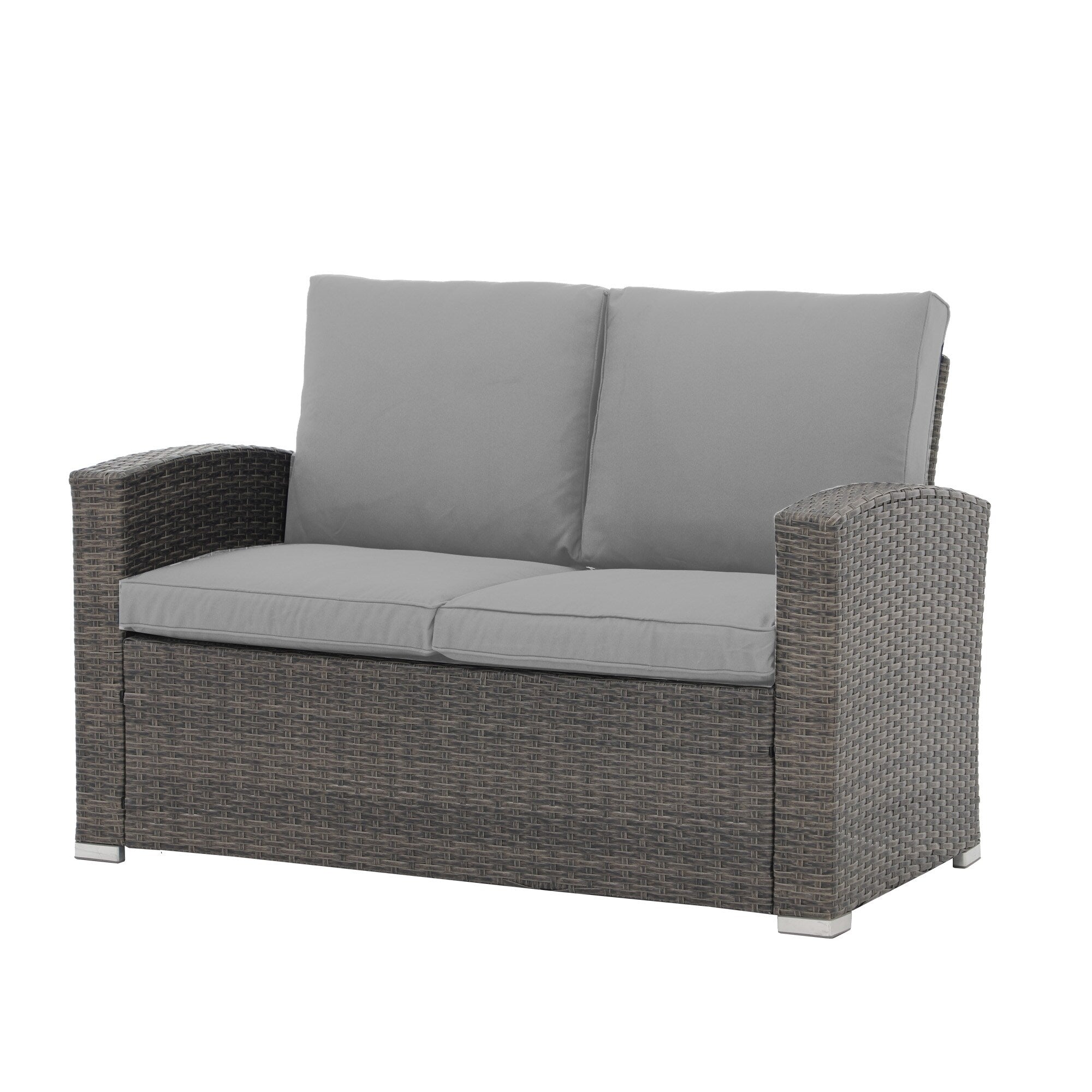 4 Person Patio Rattan Conversation Set with Grey Cushions Outdoor Tempered Glass Table