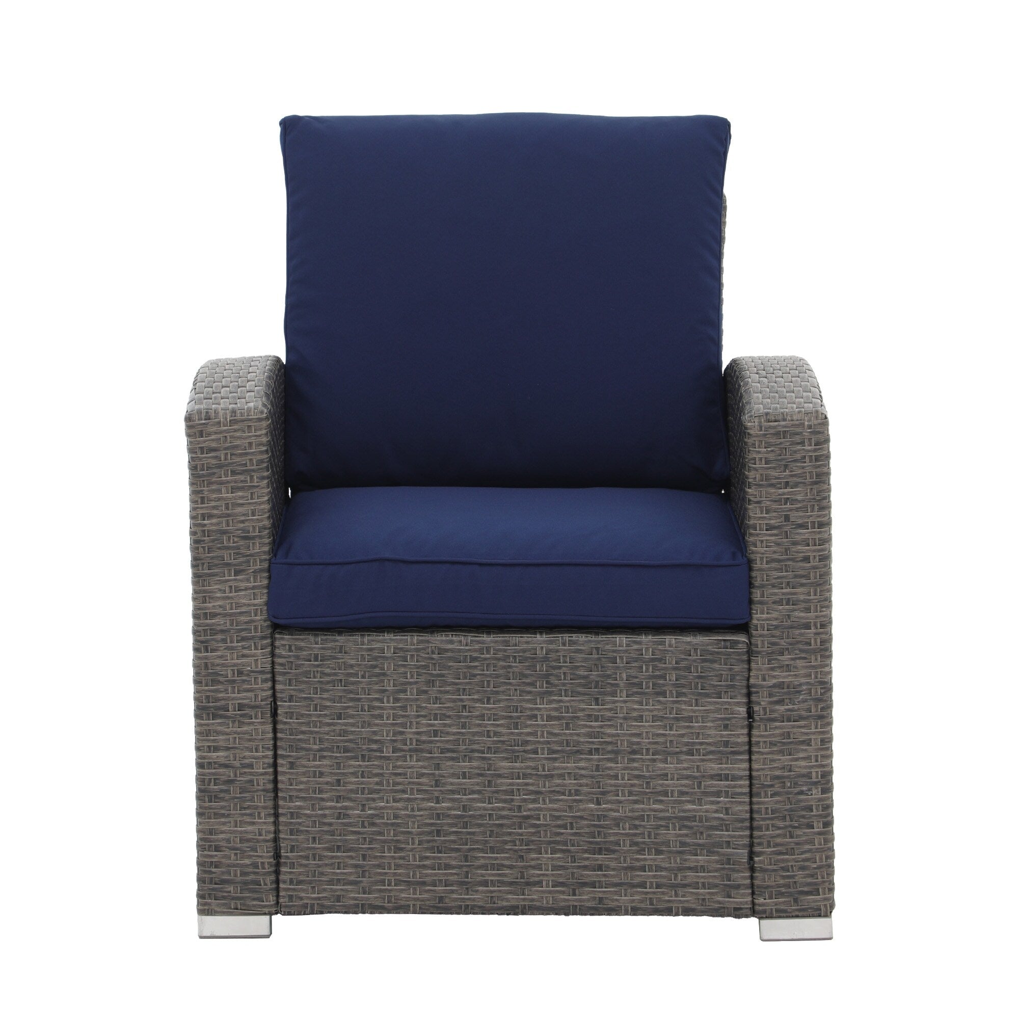 4 Person Patio Rattan Conversation Set with Grey Cushions Outdoor Tempered Glass Table