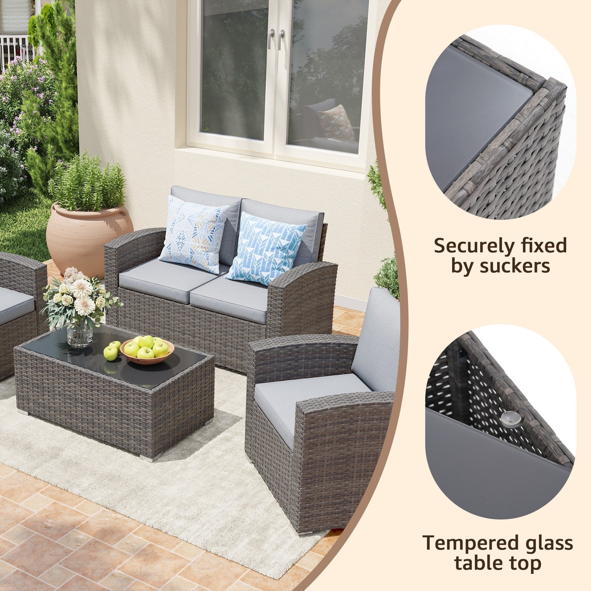 4 Person Patio Rattan Conversation Set with Grey Cushions Outdoor Tempered Glass Table