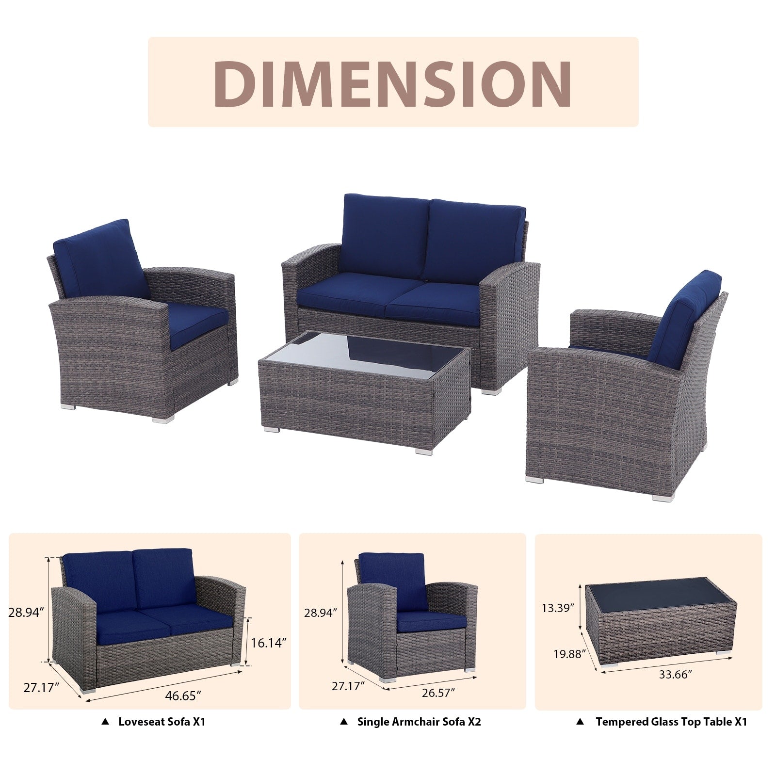 4 Person Patio Rattan Conversation Set with Grey Cushions Outdoor Tempered Glass Table