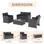 4 Person Patio Rattan Conversation Set with Grey Cushions Outdoor Tempered Glass Table