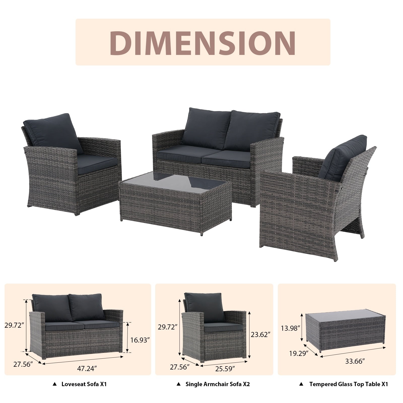 4 Person Patio Rattan Conversation Set with Grey Cushions Outdoor Tempered Glass Table