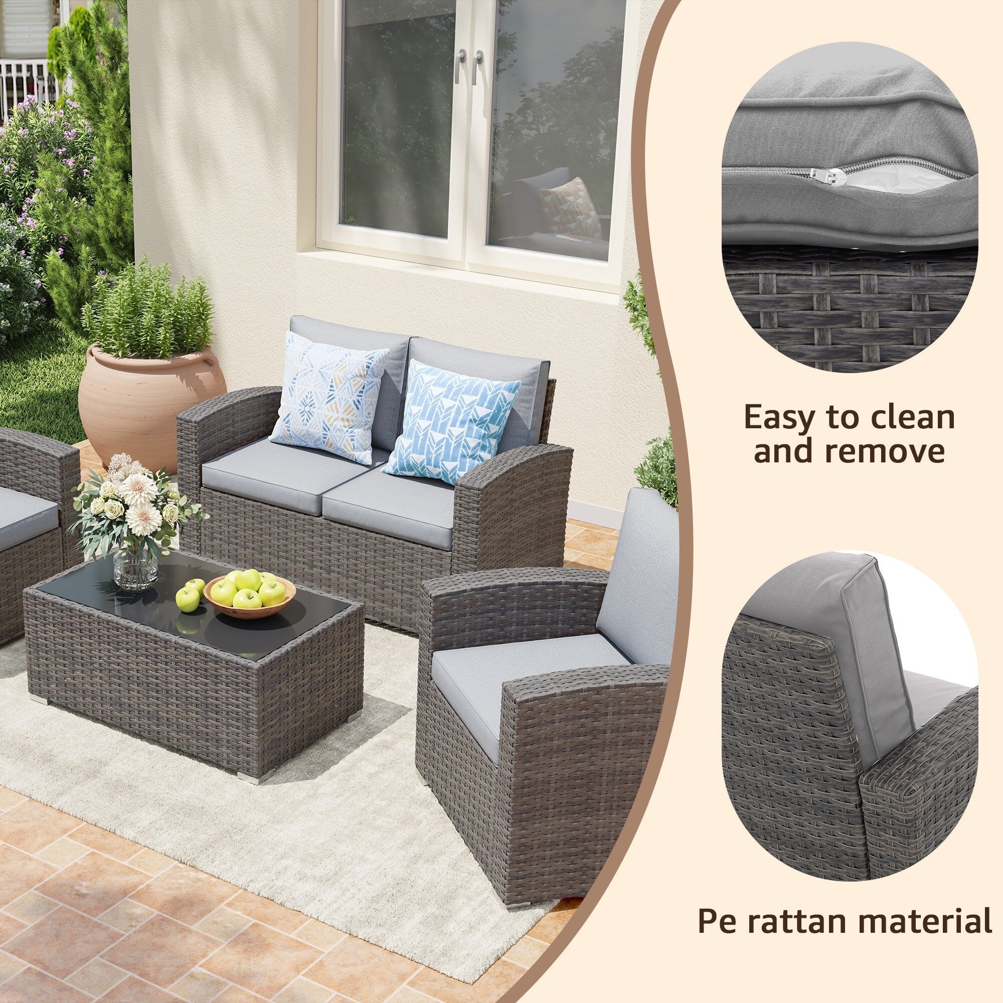4 Person Patio Rattan Conversation Set with Grey Cushions Outdoor Tempered Glass Table