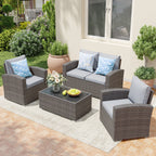 4 Person Patio Rattan Conversation Set with Grey Cushions Outdoor Tempered Glass Table