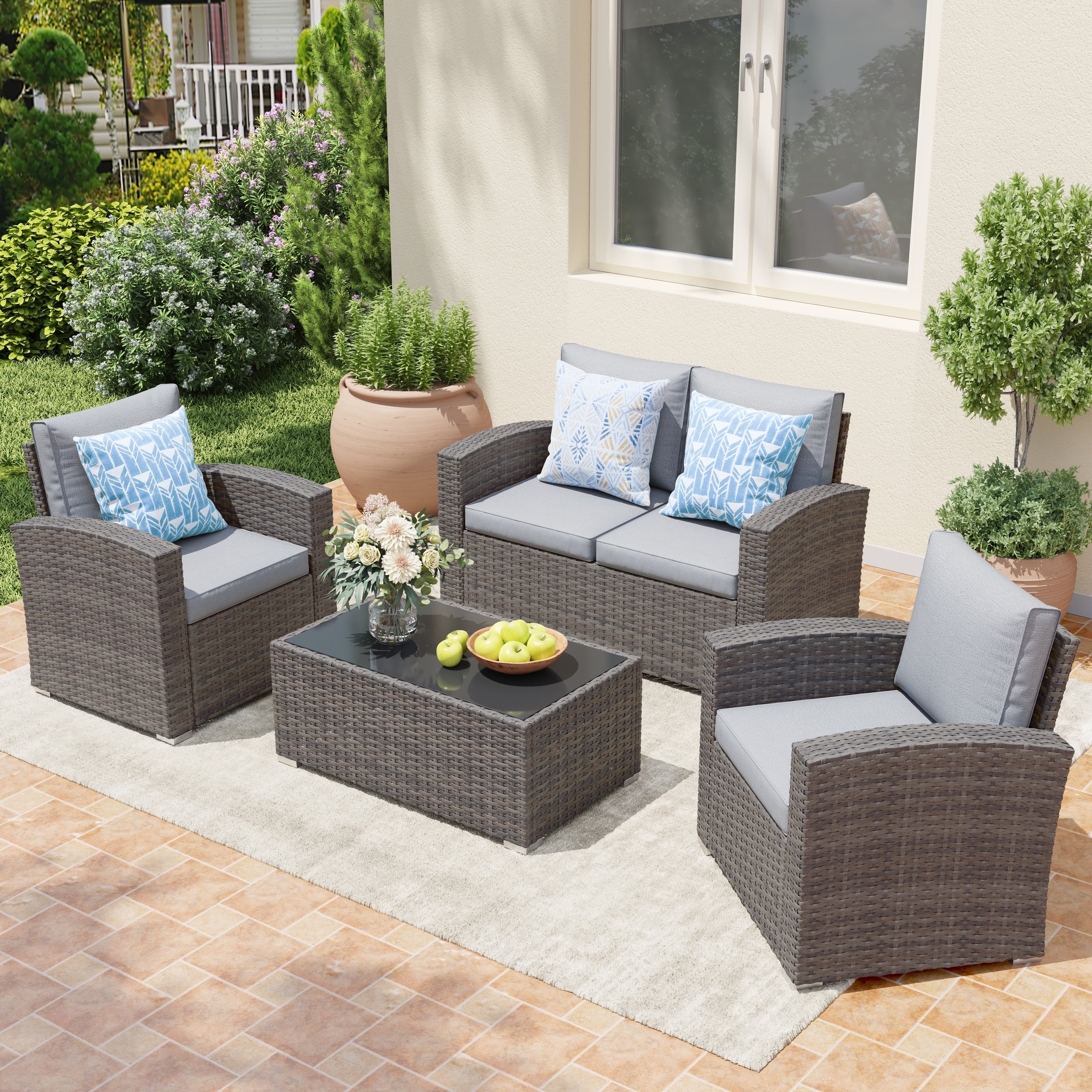 4 Person Patio Rattan Conversation Set with Grey Cushions Outdoor Tempered Glass Table