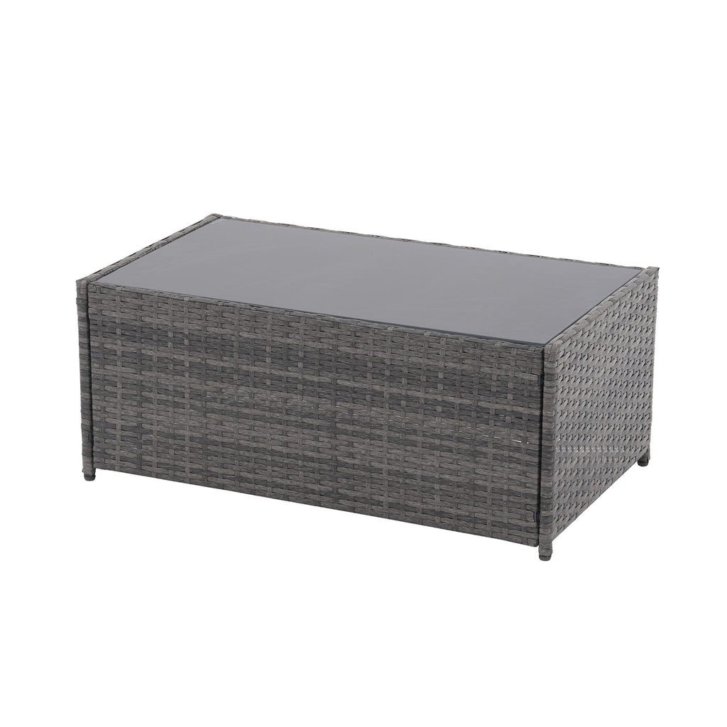4 Person Patio Rattan Conversation Set with Grey Cushions Outdoor Tempered Glass Table