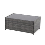 4 Person Patio Rattan Conversation Set with Grey Cushions Outdoor Tempered Glass Table