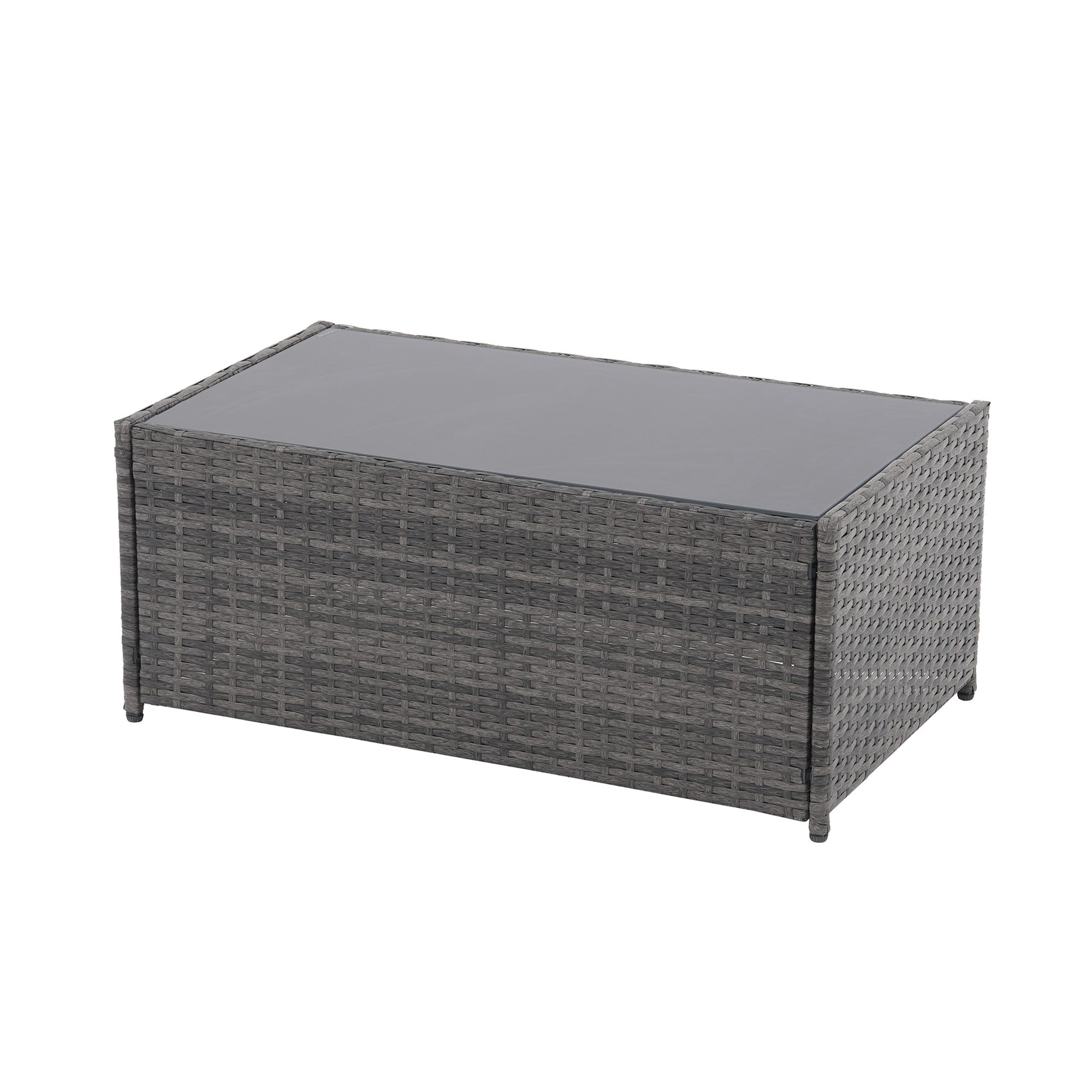4 Person Patio Rattan Conversation Set with Grey Cushions Outdoor Tempered Glass Table