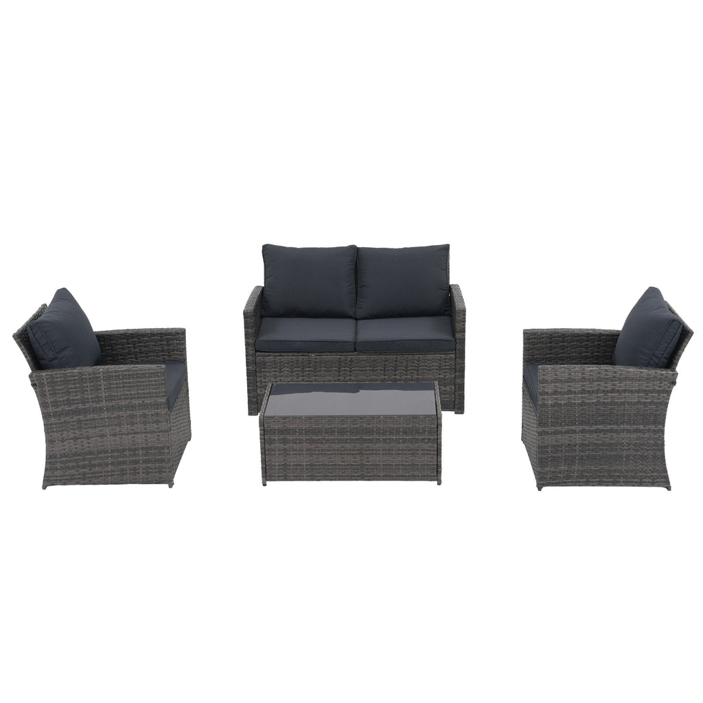 4 Person Patio Rattan Conversation Set with Grey Cushions Outdoor Tempered Glass Table