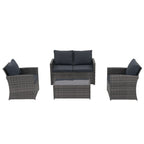 4 Person Patio Rattan Conversation Set with Grey Cushions Outdoor Tempered Glass Table