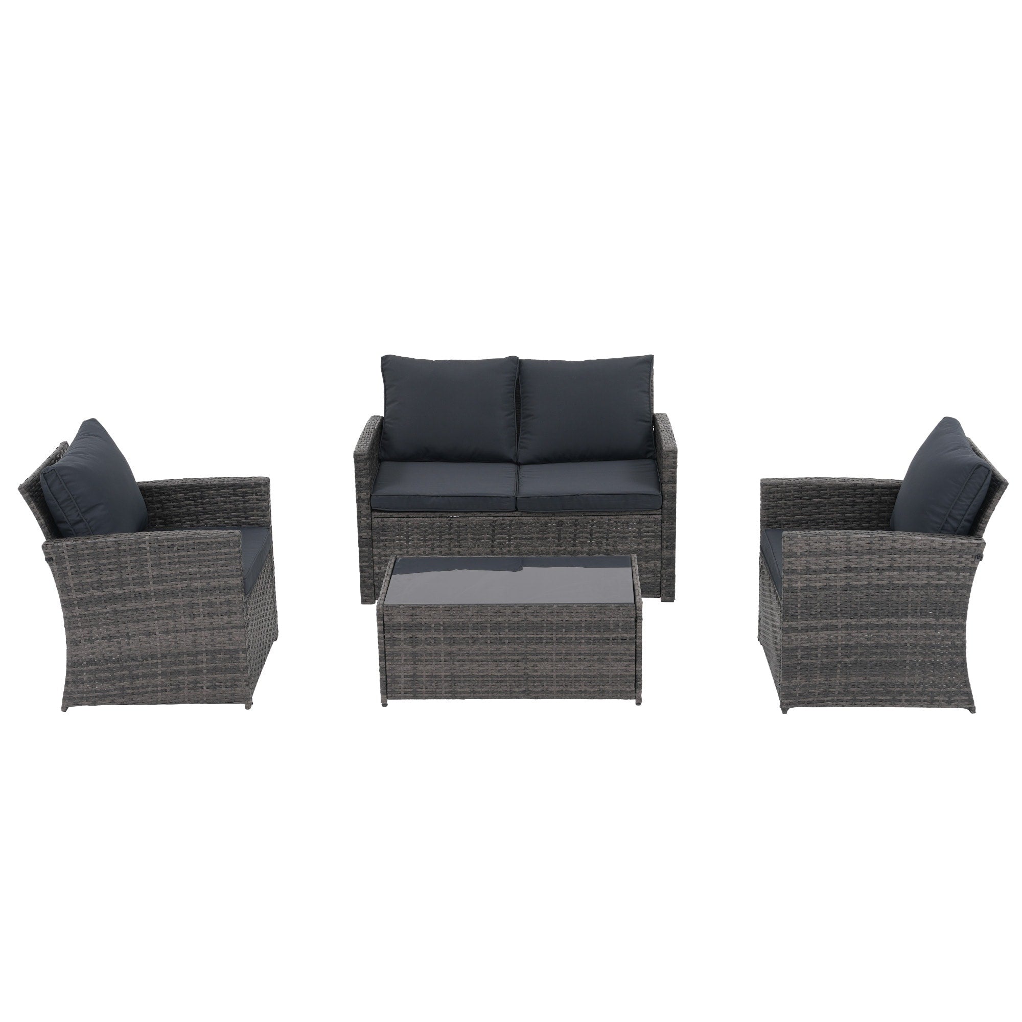 4 Person Patio Rattan Conversation Set with Grey Cushions Outdoor Tempered Glass Table