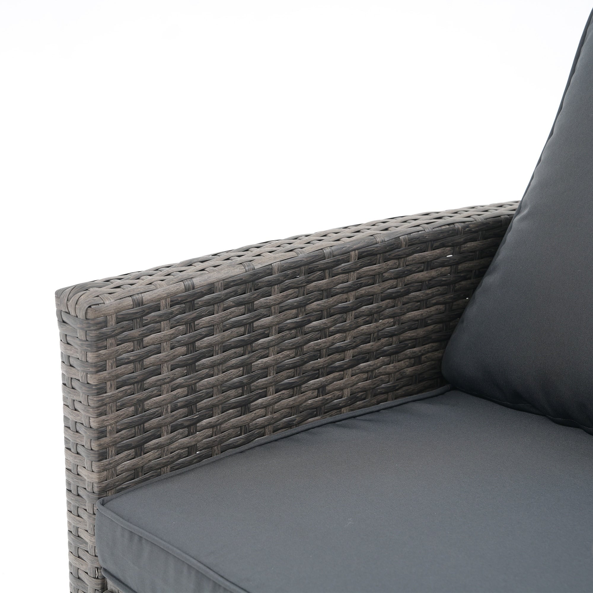 4 Person Patio Rattan Conversation Set with Grey Cushions Outdoor Tempered Glass Table