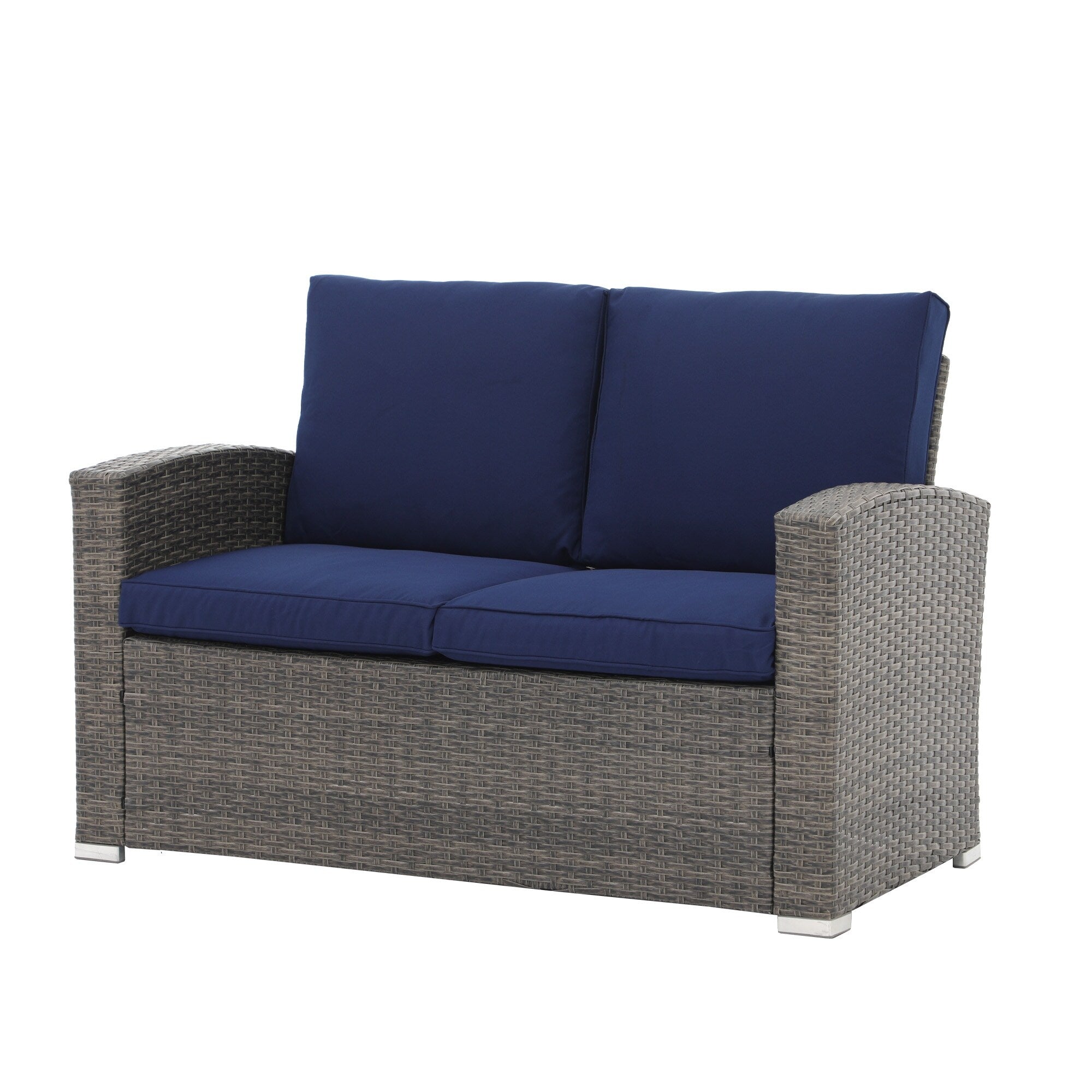 4 Person Patio Rattan Conversation Set with Grey Cushions Outdoor Tempered Glass Table