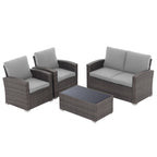 4 Person Patio Rattan Conversation Set with Grey Cushions Outdoor Tempered Glass Table