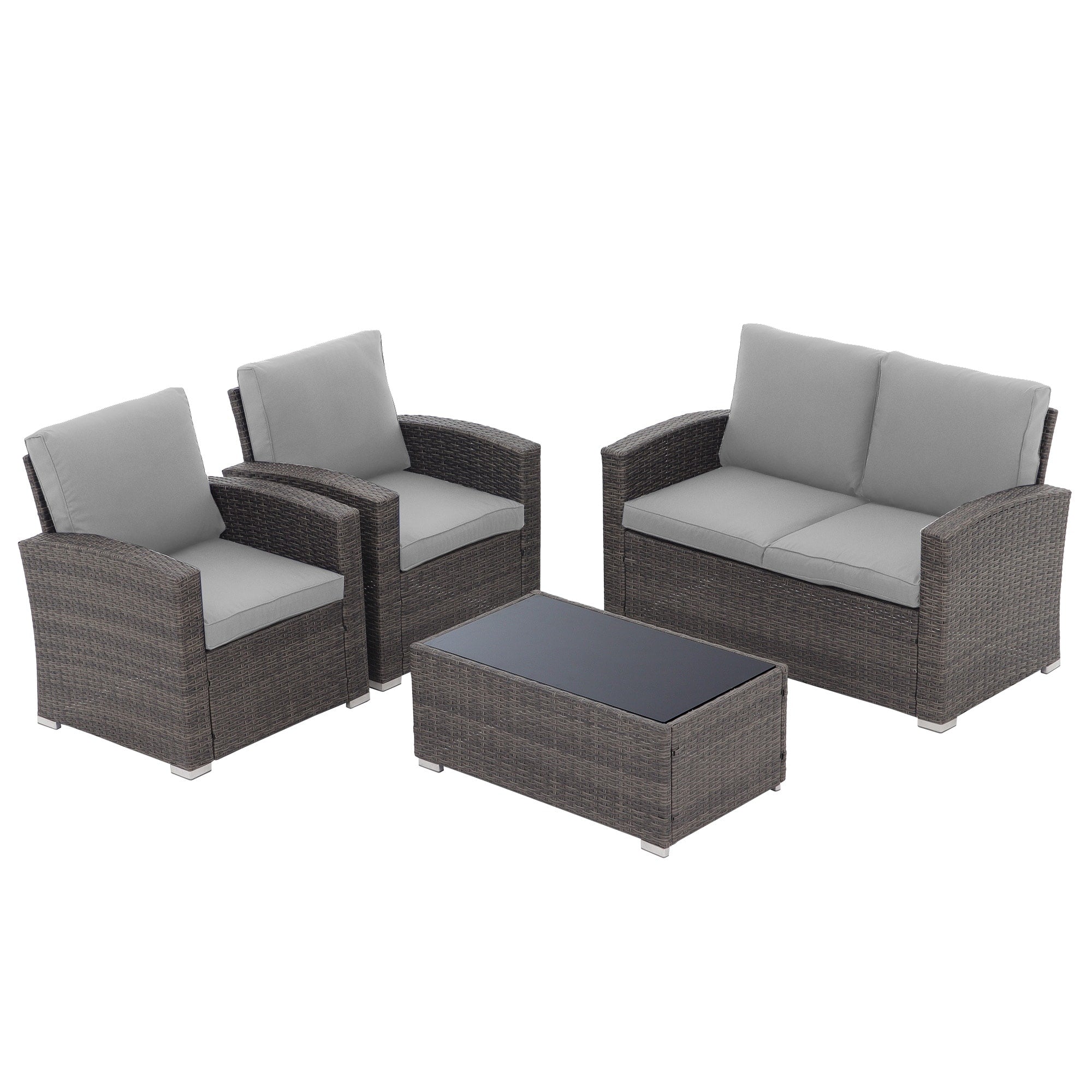 4 Person Patio Rattan Conversation Set with Grey Cushions Outdoor Tempered Glass Table