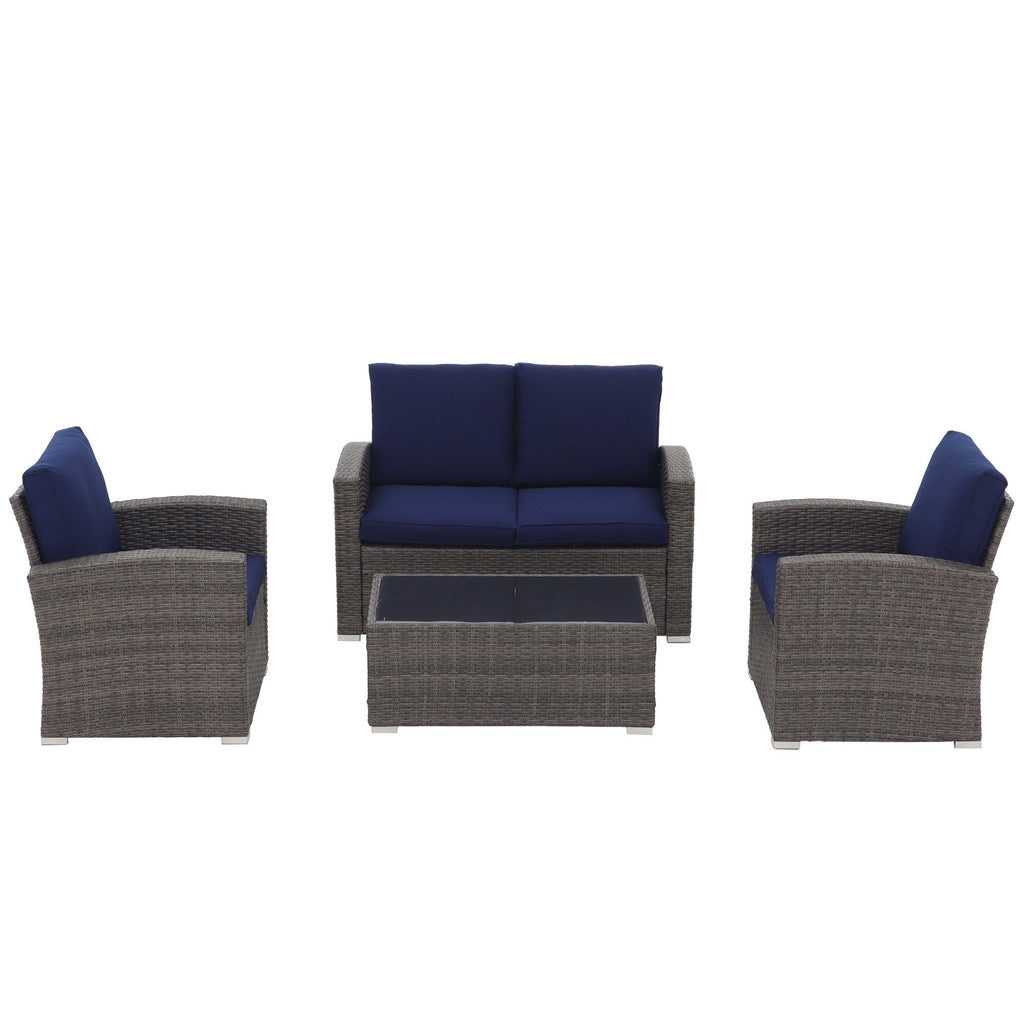 4 Person Patio Rattan Conversation Set with Grey Cushions Outdoor Tempered Glass Table