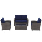 4 Person Patio Rattan Conversation Set with Grey Cushions Outdoor Tempered Glass Table