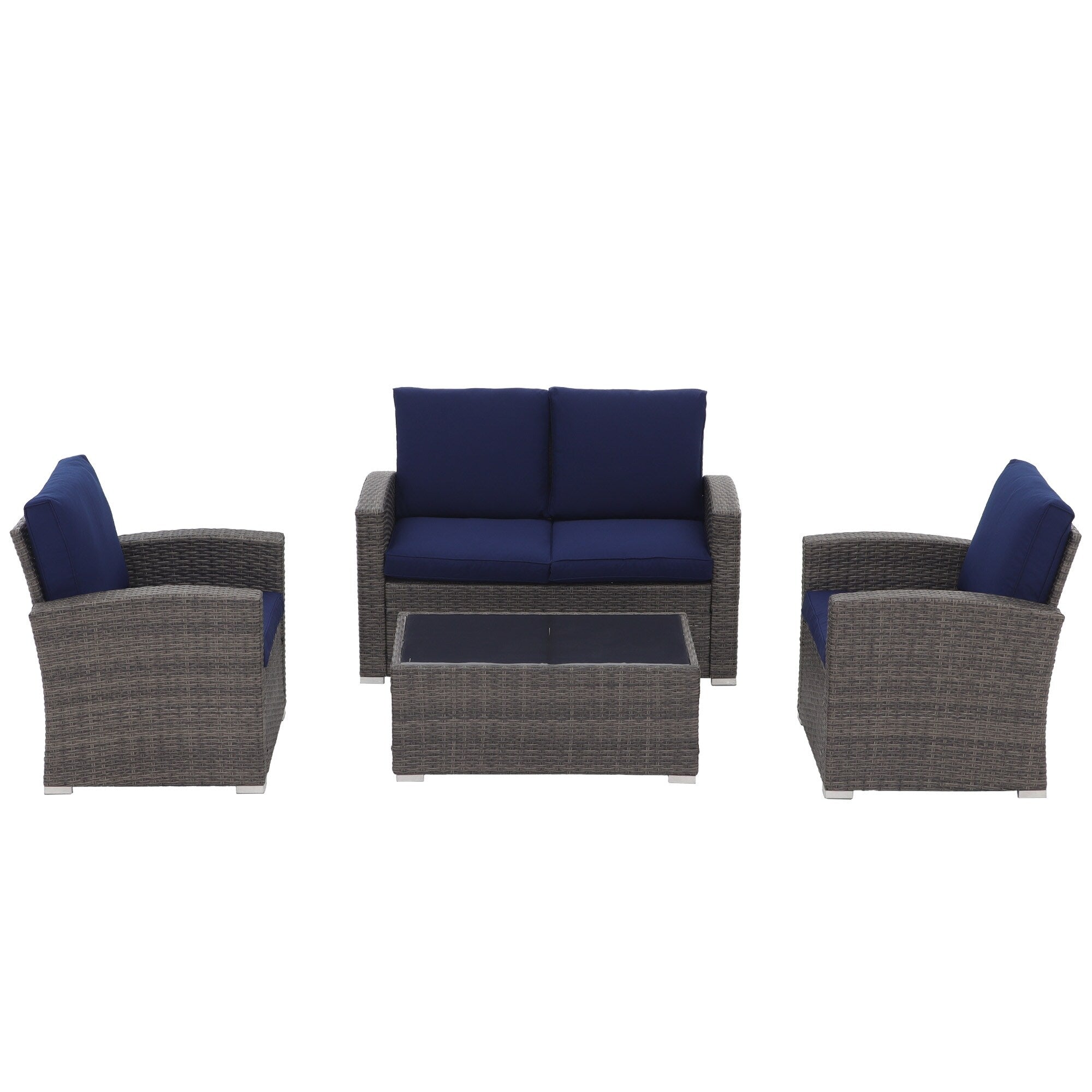 4 Person Patio Rattan Conversation Set with Grey Cushions Outdoor Tempered Glass Table