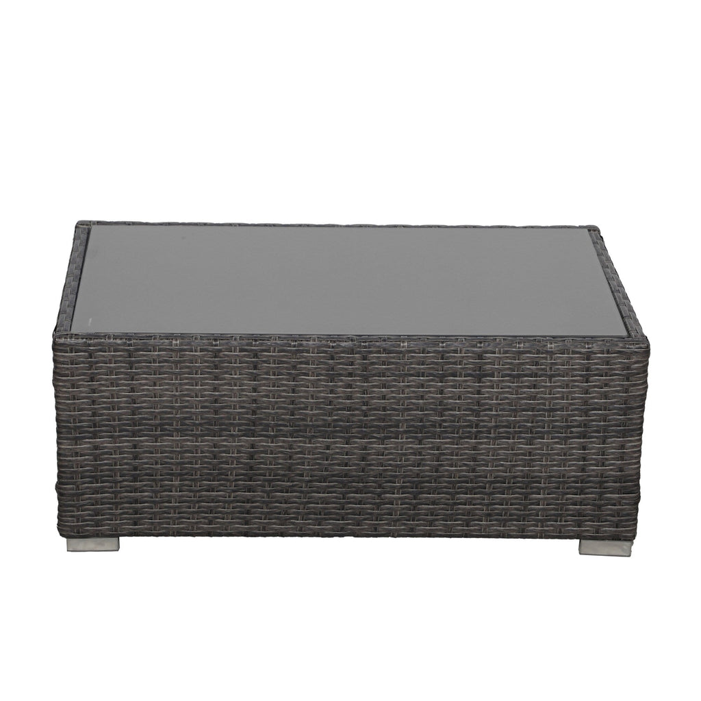 4 Person Patio Rattan Conversation Set with Grey Cushions Outdoor Tempered Glass Table