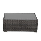 4 Person Patio Rattan Conversation Set with Grey Cushions Outdoor Tempered Glass Table