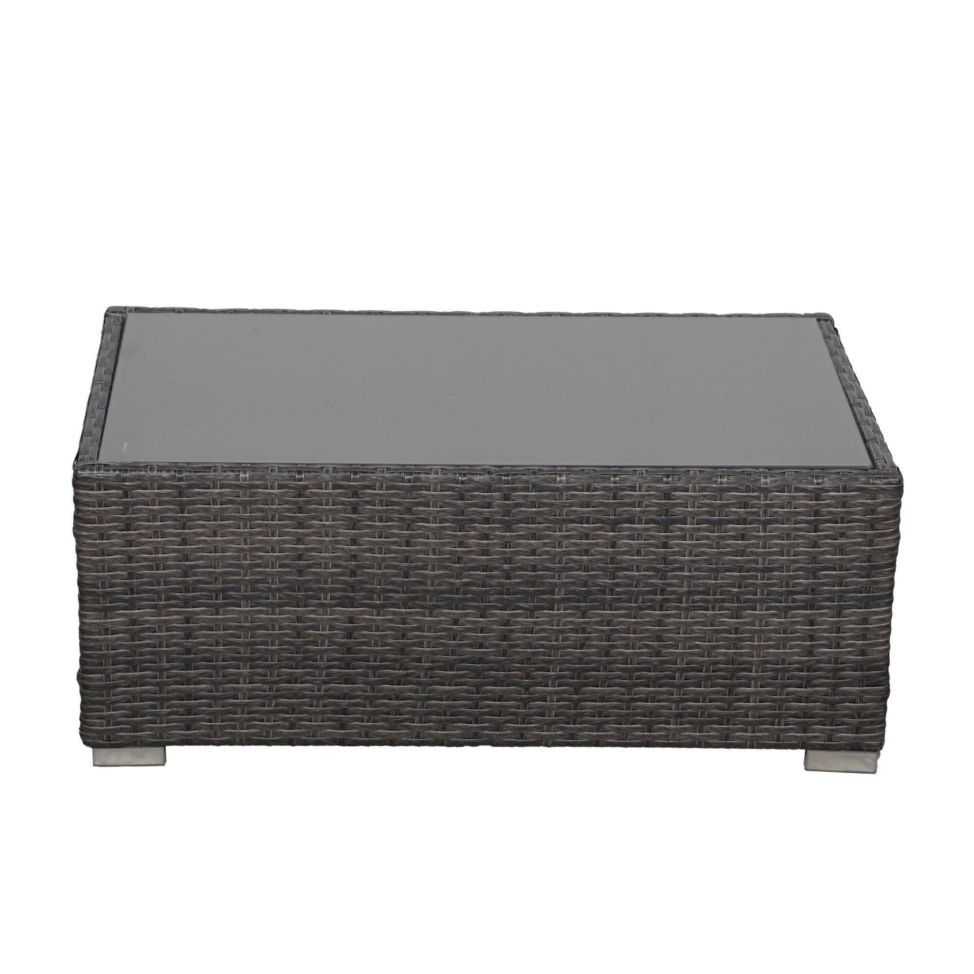 4 Person Patio Rattan Conversation Set with Grey Cushions Outdoor Tempered Glass Table