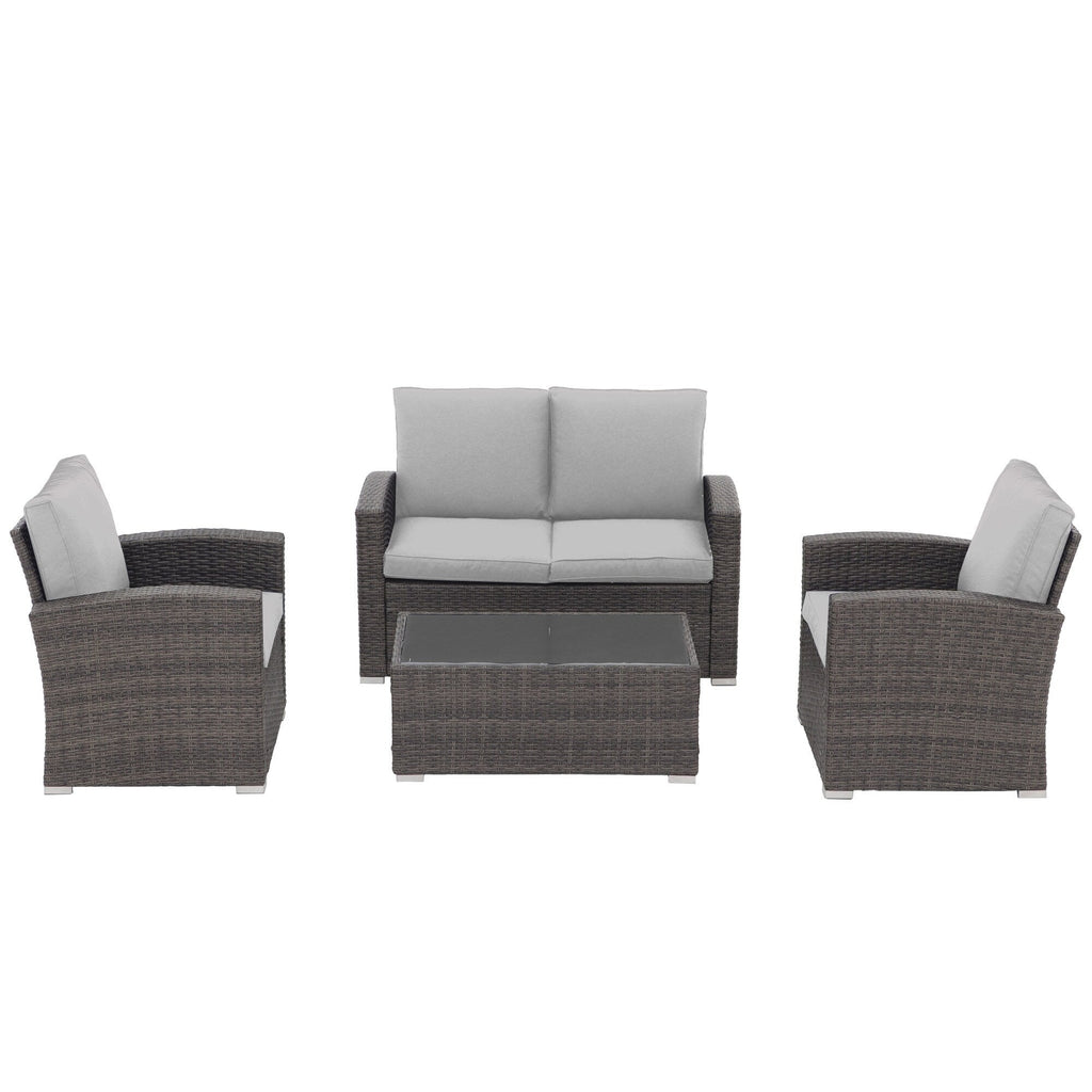 4 Person Patio Rattan Conversation Set with Grey Cushions Outdoor Tempered Glass Table