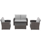 4 Person Patio Rattan Conversation Set with Grey Cushions Outdoor Tempered Glass Table