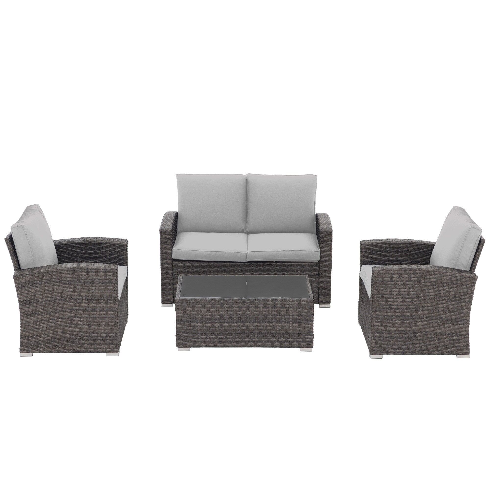 4 Person Patio Rattan Conversation Set with Grey Cushions Outdoor Tempered Glass Table