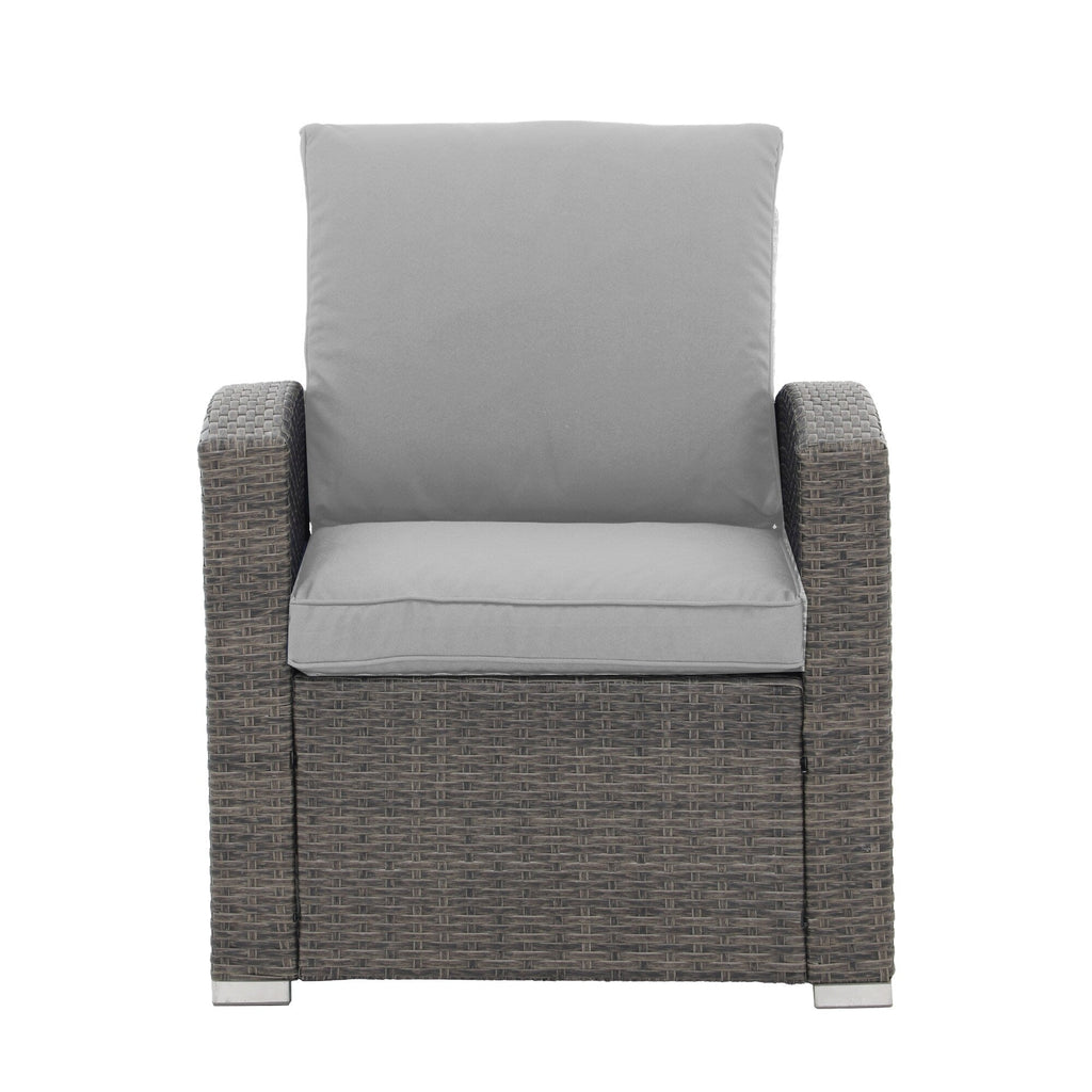 4 Person Patio Rattan Conversation Set with Grey Cushions Outdoor Tempered Glass Table