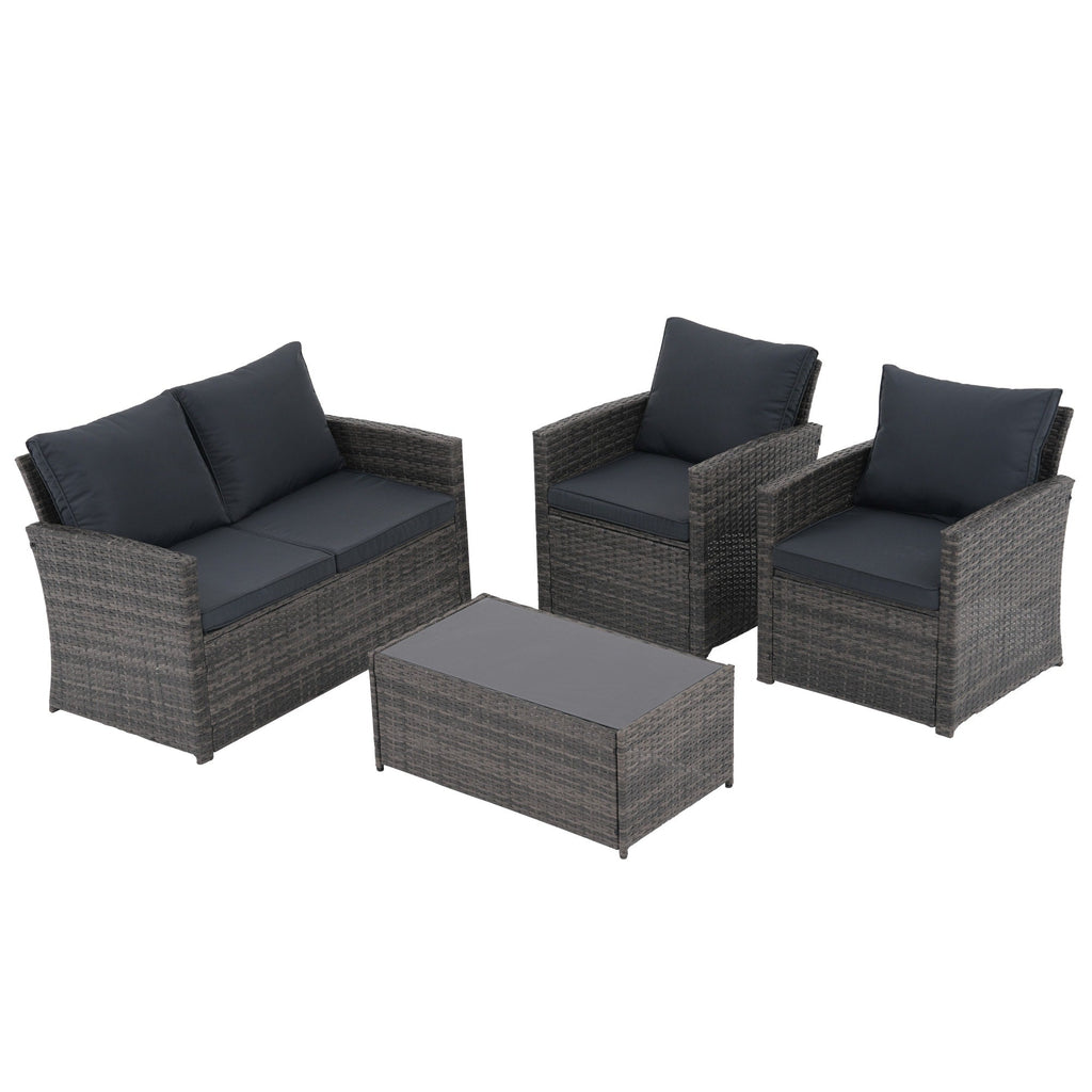 4 Person Patio Rattan Conversation Set with Grey Cushions Outdoor Tempered Glass Table