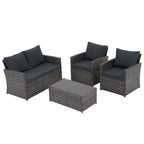 4 Person Patio Rattan Conversation Set with Grey Cushions Outdoor Tempered Glass Table