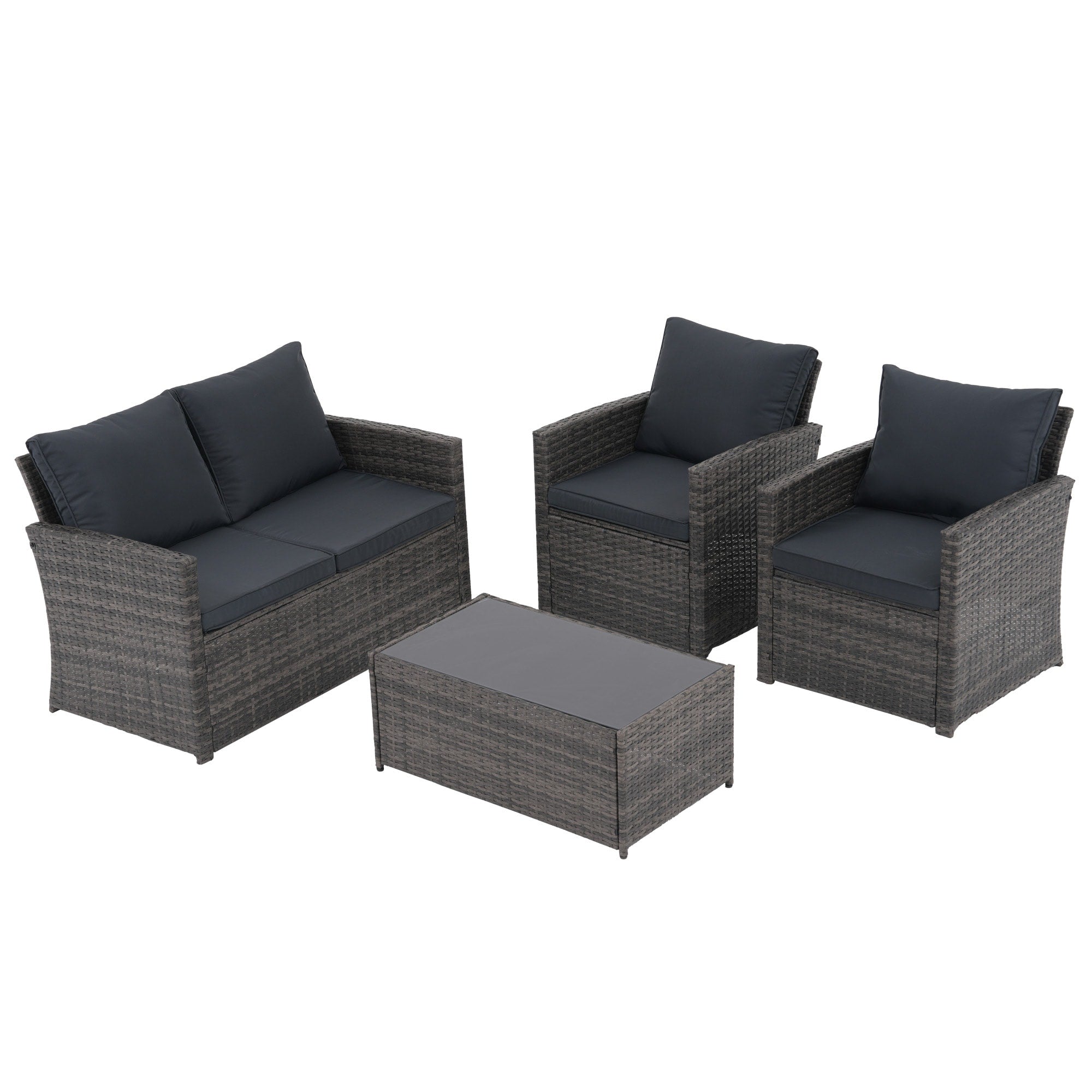 4 Person Patio Rattan Conversation Set with Grey Cushions Outdoor Tempered Glass Table