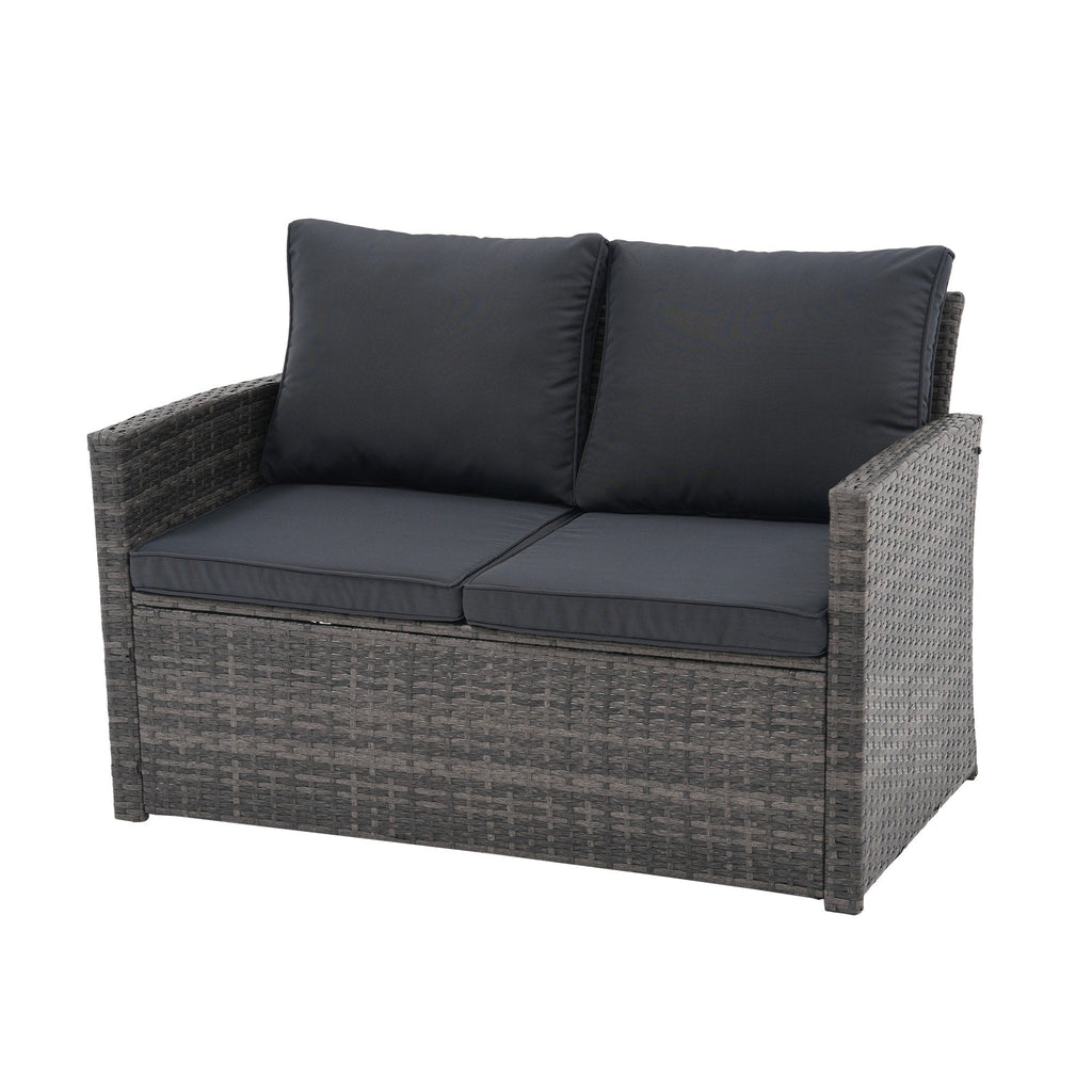 4 Person Patio Rattan Conversation Set with Grey Cushions Outdoor Tempered Glass Table