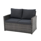 4 Person Patio Rattan Conversation Set with Grey Cushions Outdoor Tempered Glass Table