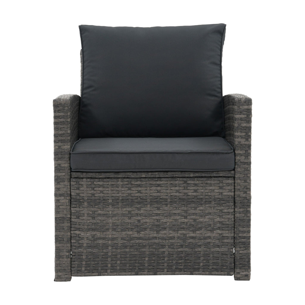 4 Person Patio Rattan Conversation Set with Grey Cushions Outdoor Tempered Glass Table