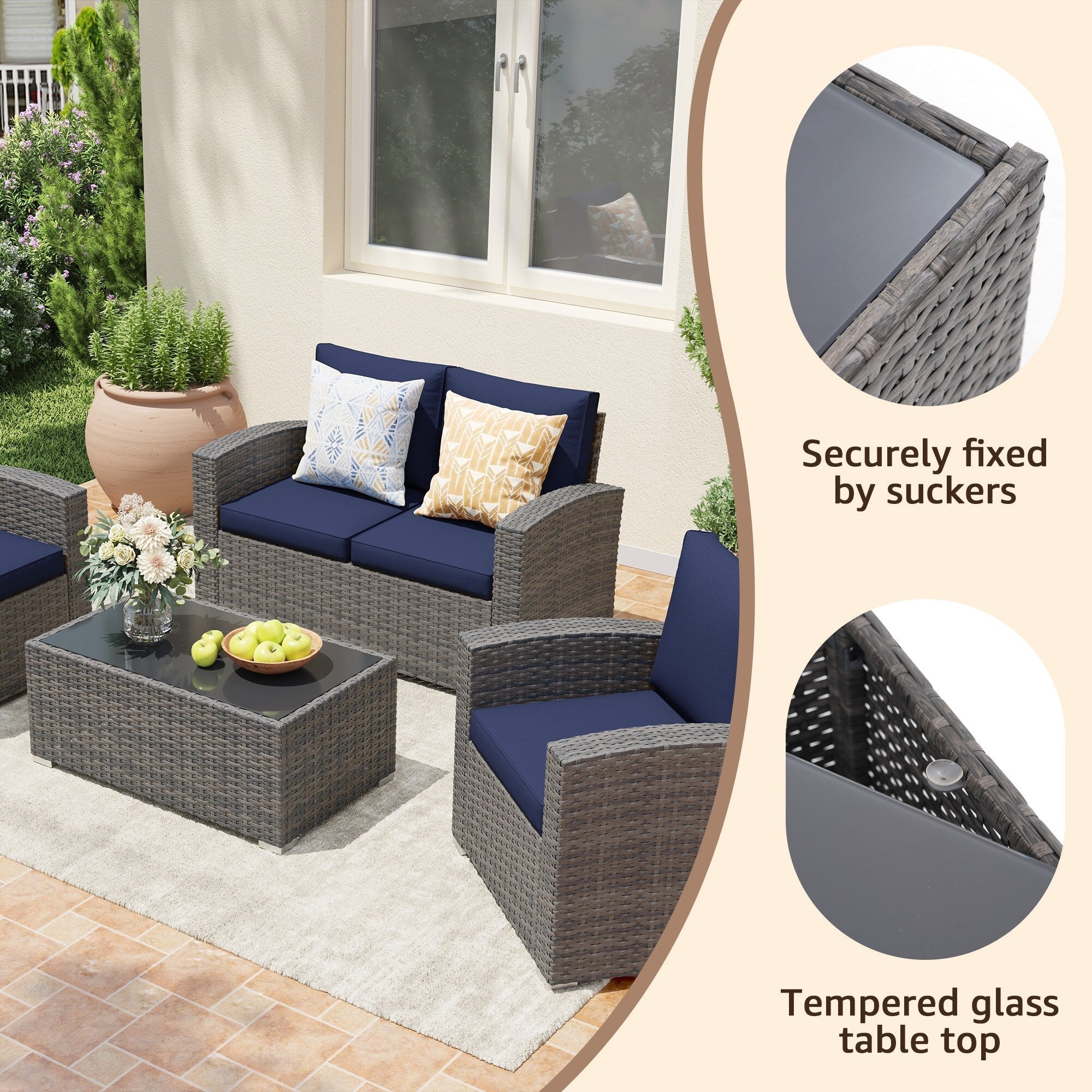4 Person Patio Rattan Conversation Set with Grey Cushions Outdoor Tempered Glass Table