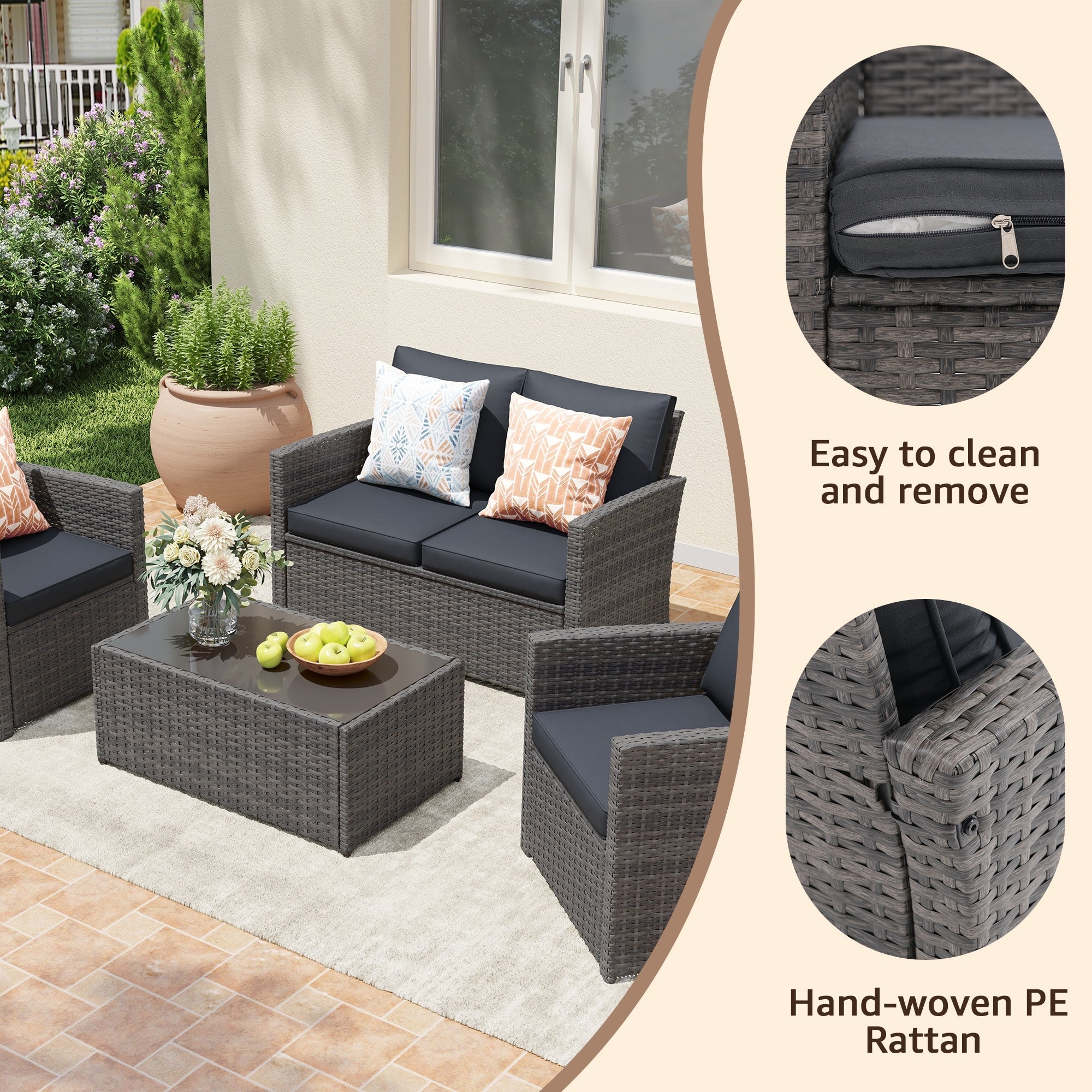 4 Person Patio Rattan Conversation Set with Grey Cushions Outdoor Tempered Glass Table