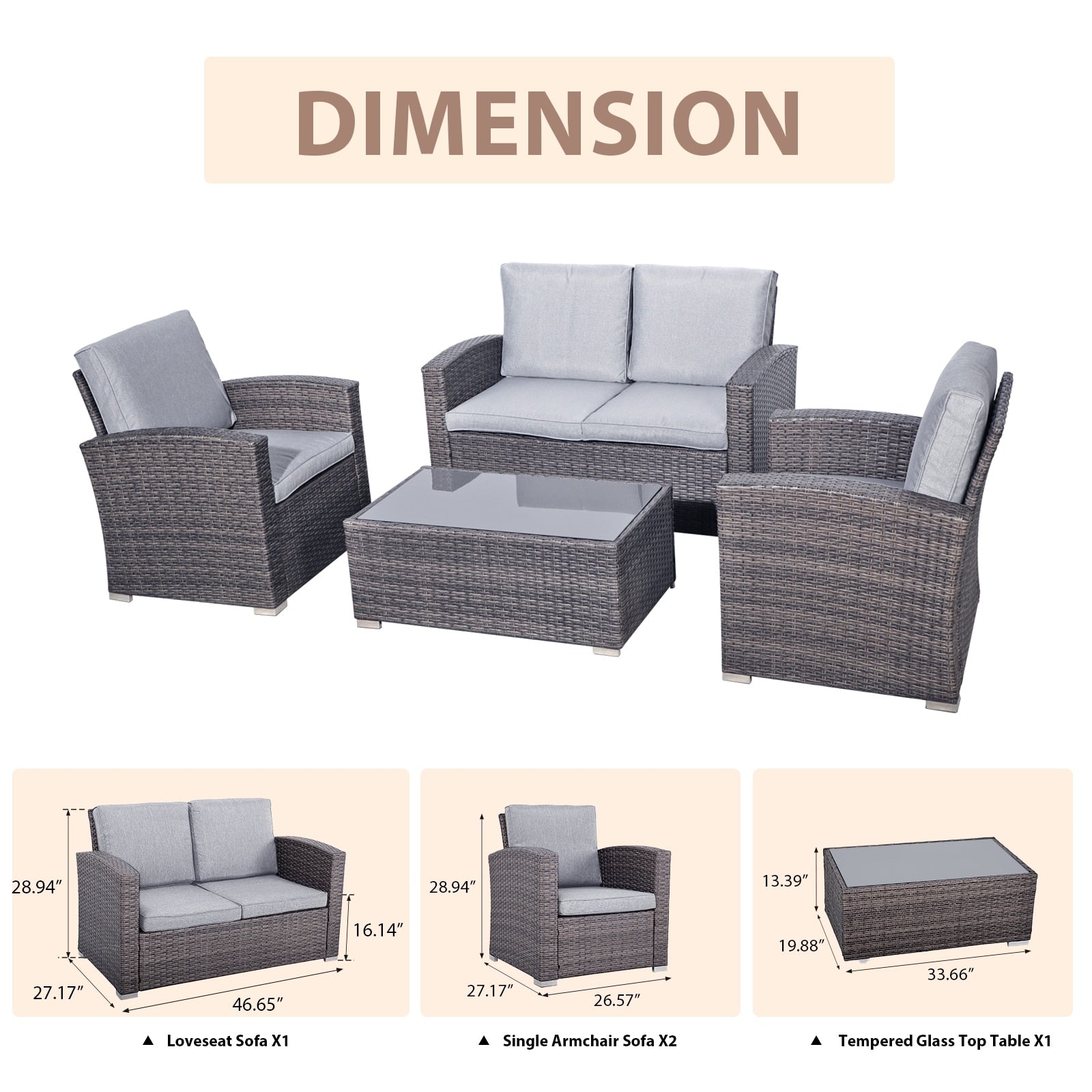 4 Person Patio Rattan Conversation Set with Grey Cushions Outdoor Tempered Glass Table