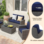 4 Person Patio Rattan Conversation Set with Grey Cushions Outdoor Tempered Glass Table