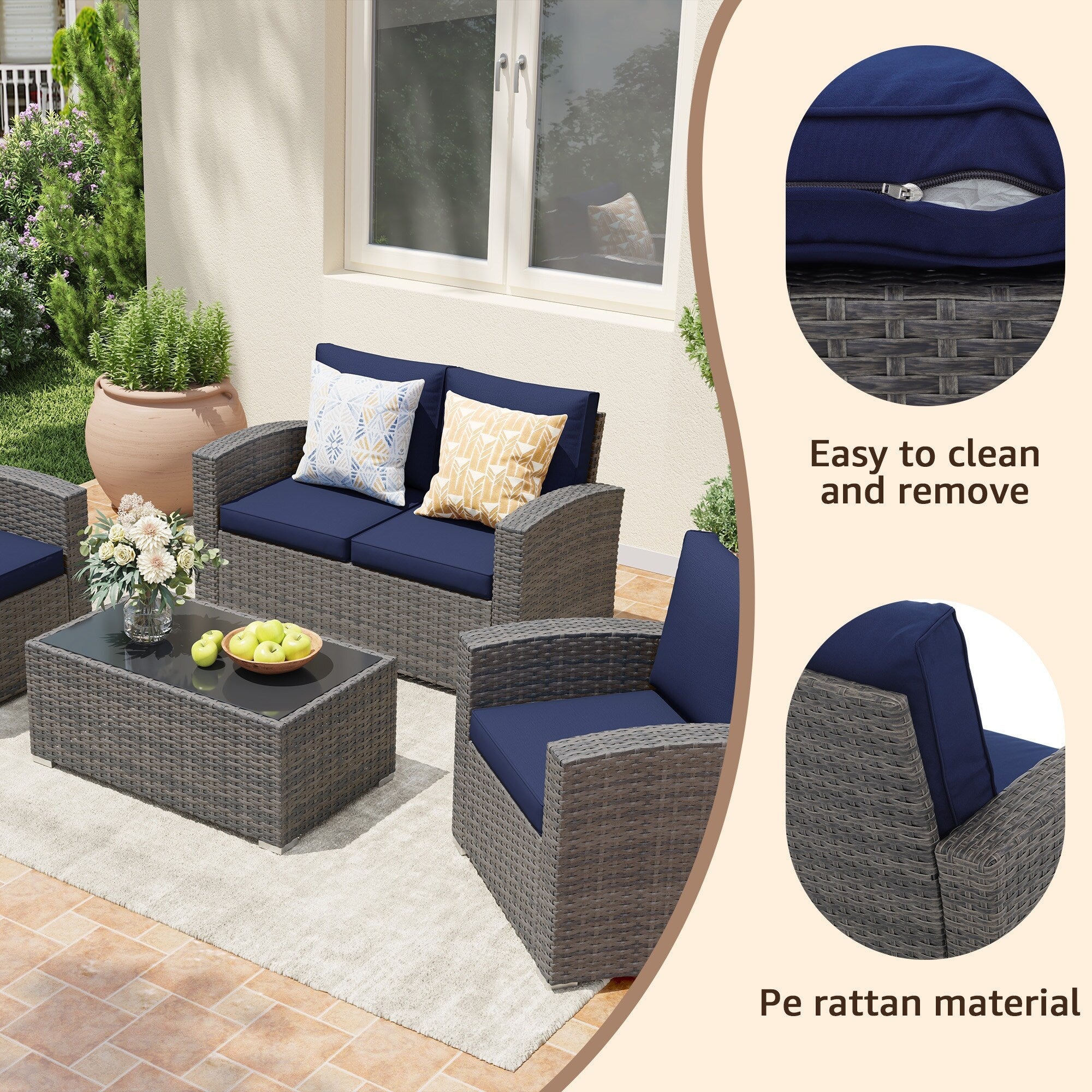 4 Person Patio Rattan Conversation Set with Grey Cushions Outdoor Tempered Glass Table