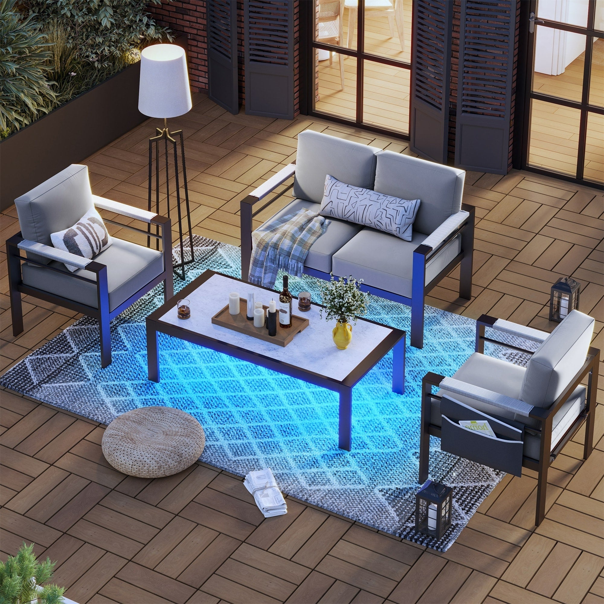 4-Piece 4 Person Aluminum Patio Conversation Set with Cushions LED Coffee Table and Loveseat