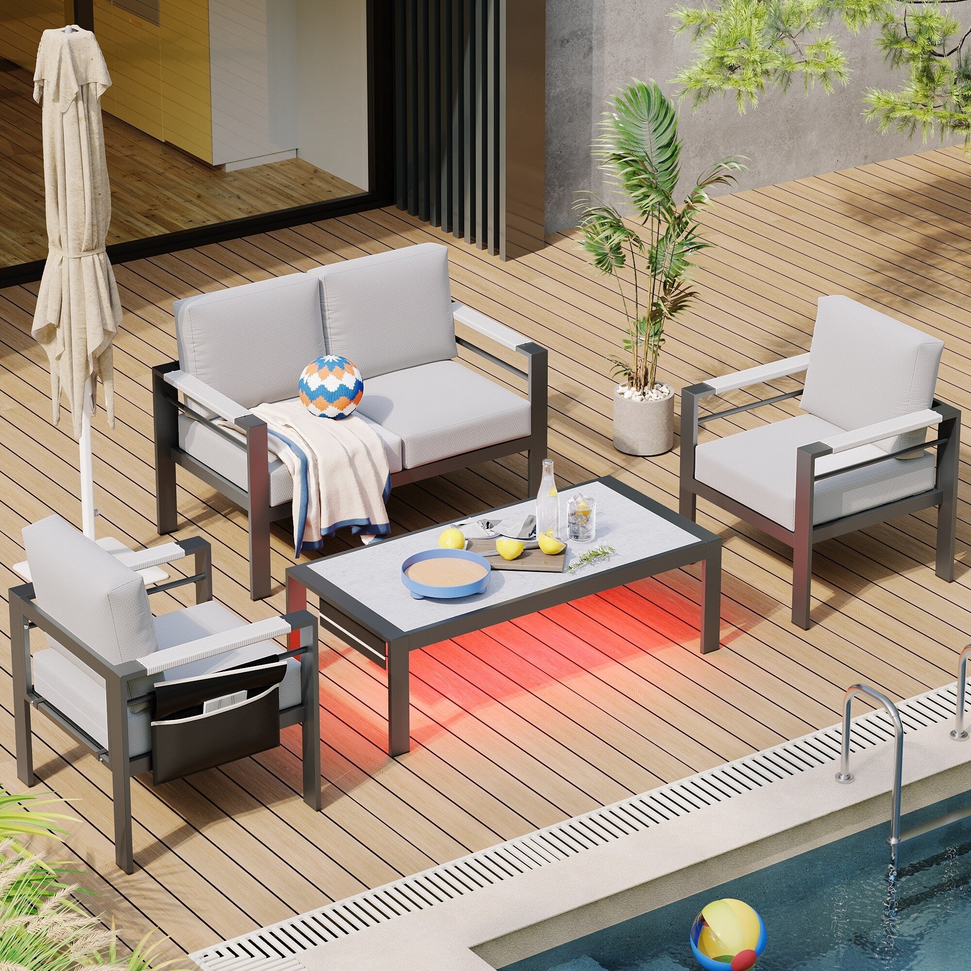 4-Piece 4 Person Aluminum Patio Conversation Set with Cushions LED Coffee Table and Loveseat
